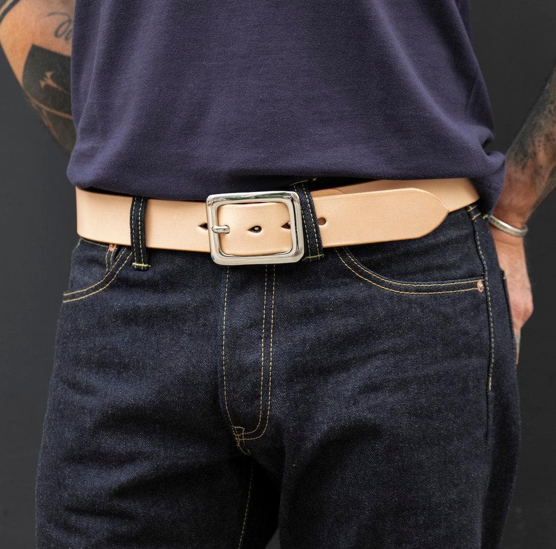 Iron Heart Heavy Duty Tochigi Leather Belt — Natural, Nickel-Plated Brass